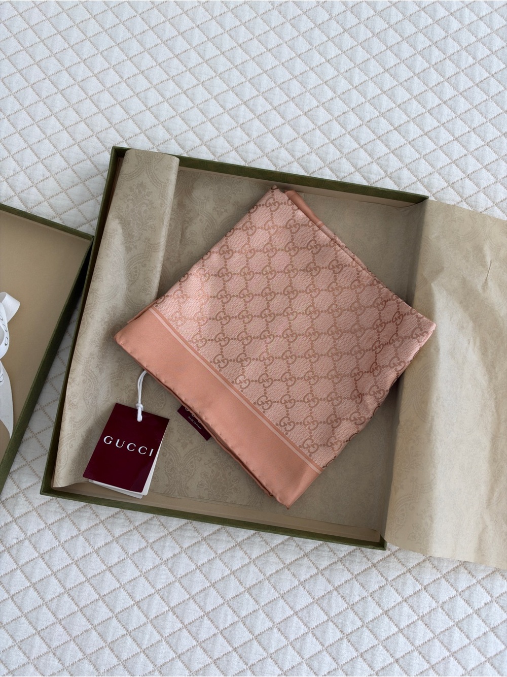 Gucci Peach Pink Silk GG Monogram Scarf